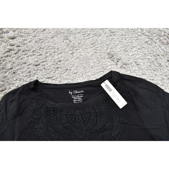 NEW Chico's Size 3 Black Cotton Blend Blouse SS Knit Flutter Tee Embroider - Picture 6 of 6